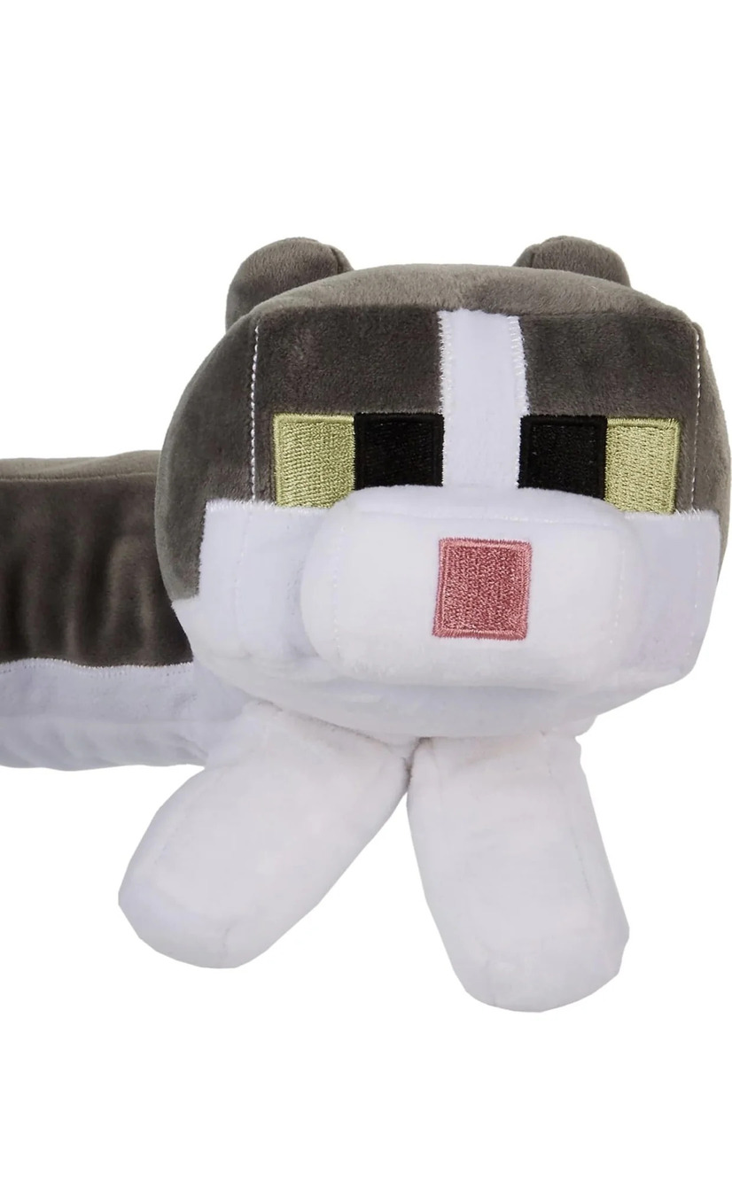 Minecraft Cat Plush Neck Pillow Purring Sounds Travel Toy Gray White